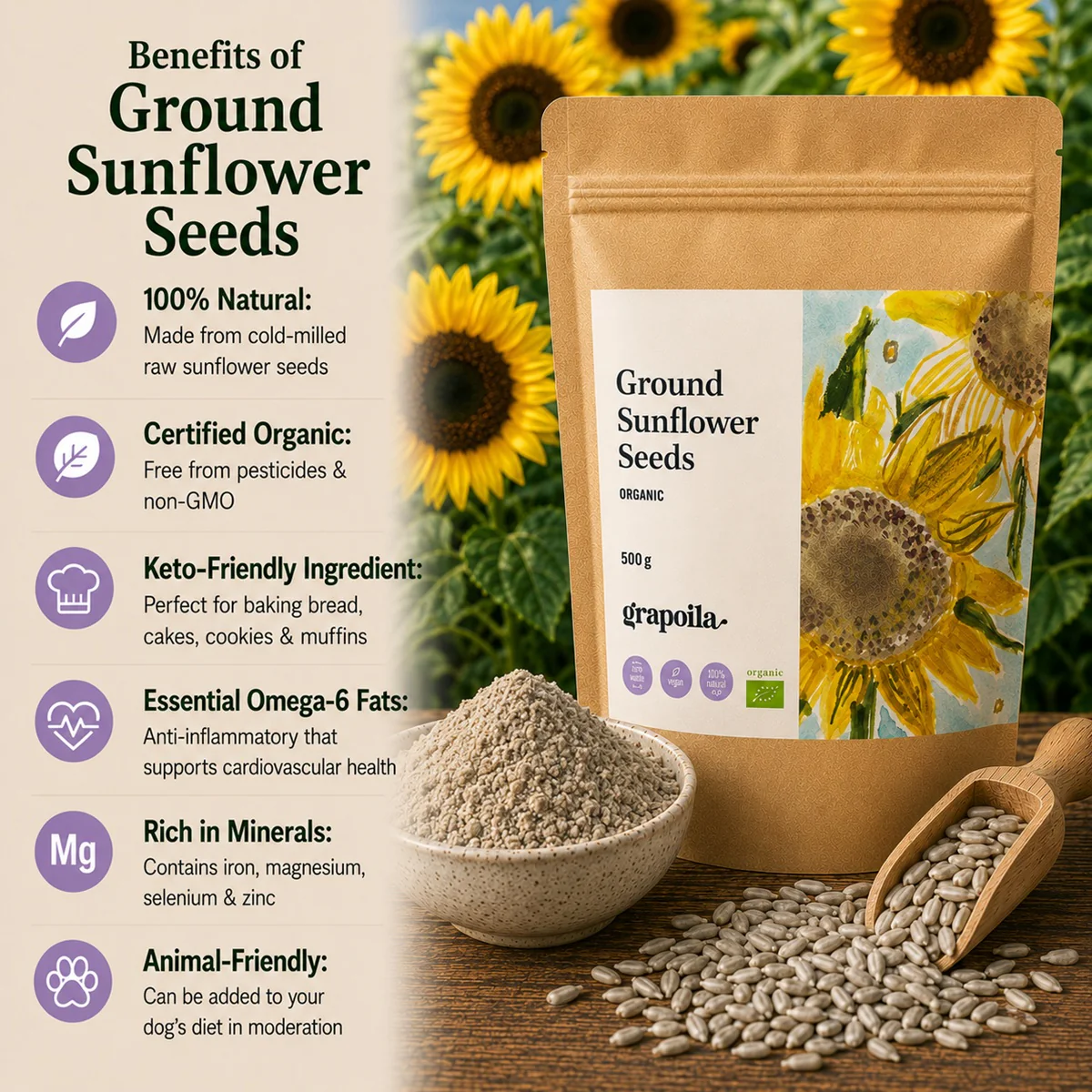 Organic Ground Sunflower Seeds 500g - Image 2
